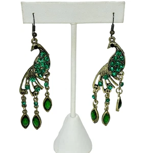 Pendientes colgantes de pájaro pavo real perforados tono dorado estrás verde boho 3,25" - Imagen 1 de 3