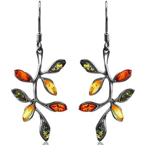 925 Solid Sterling Silver Multicolor Baltic Amber Marquise Leaves Hook Earrings - Picture 1 of 4