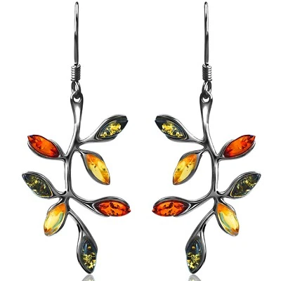 925 Solid Sterling Silver Multicolor Baltic Amber Marquise Leaves Hook Earrings - Image 1 of 4