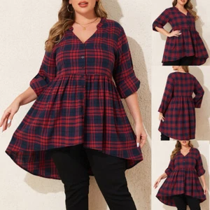 Übergröße Damen V-Neck Karohemd Longbluse Kariert Langarm Shirts Lose Bluse Hemd - Bild 1 von 7