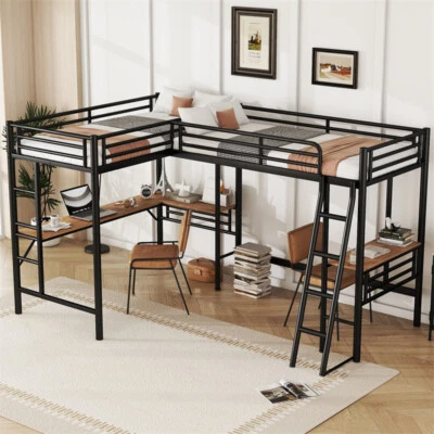 Cama tipo loft de metal 2 en 1 tamaño doble con dos escritorios incorporados para adolescentes adultos negra Foto 1 de 4