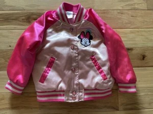 Disney Pink MINNIE MOUSE Satin Varsity Bomber Jacket Girls Size 2 "OH SO HAPPY" - Picture 1 of 6