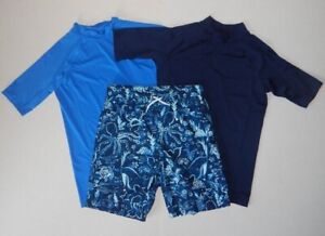 Lands End Boys Swim XL 14-16 LOT 3 Shirts Trunks Rash Guard Blue Worn Once EUC