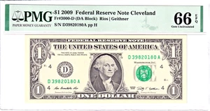 2009 $1 Federal Reserve Note Cleveland PMG Gem Unc 66EPQ #D39820180A - Picture 1 of 2