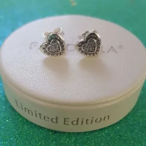 *NEW* Genuine Pandora S925 Silver Signature Heart Stud CZ Earrings 297382CZ - Picture 1 of 5