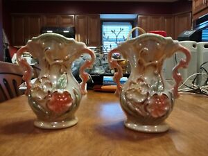 Vintage Pair Of Porcelain Lusterware 5" Vases #423 Made In Brazil Floral Flowers