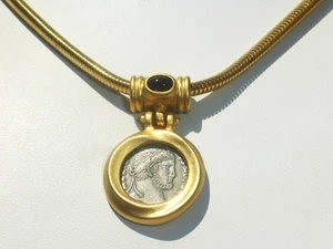 VINTAGE GOLD TONE PEWTER BLACK GLASS CABOCHON BEN AMUN GREEK ROMAN GOD NECKLACE - Bild 1 von 7