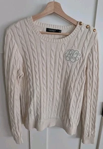 LAUREN Ralph Lauren elfenbeinfarbener Pullover mit Knopfleiste Zopfmuster Damen L adrette Karriere - Bild 1 von 13