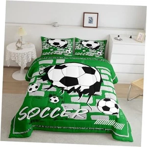 Football Soccer Comforter Set Size Kids Soccer Ball Twin Green Black White - Picture 1 of 8