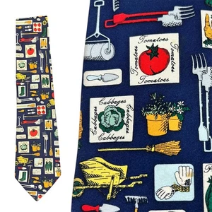 Vintage 100% Silk Novelty Gardening Tie Blue Gardener Xmas Gift Tools Wellies - Picture 1 of 6
