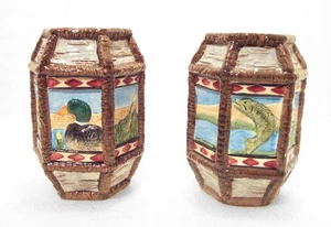 Wilderness Lake Barrel Salt & Pepper Shakers Duck Fish 4” Tall Wildlife Hunting - Picture 1 of 4