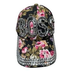Floral Boss Strass Baseball Cap Mütze Schwarz Rosa Rosen Blumen Bling - Bild 1 von 6