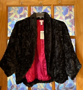 Chico's Velvet Cocoon Victoria 3/4 Sleeve Wrap Coat Solid Black Soft Faux Fur - Picture 1 of 7