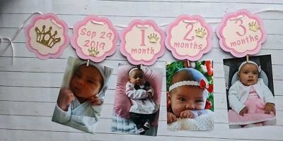 Guirnalda mensual primer cumpleaños princesa bandera rosa, salvaje, corona Foto 1 de 4