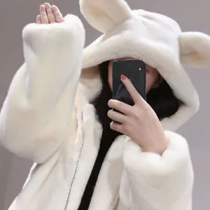Fur Hooded Jacket Coat Bear Ears Fluffy Warm Zip Outerwear Winter Cute Lady Faux - Picture 1 of 9