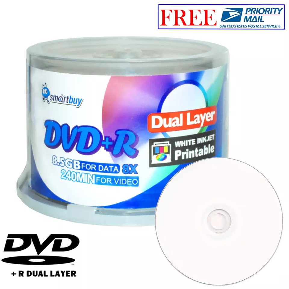50 Pcs SmartBuy Blank DVD+R DL 8X 8.5GB Dual Layer White Inkjet Printable Disc
