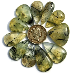 11 Pcs Natural Tourmalated Prehnite Untreated 22mm-32mm Pear Cabochon Gemstones - Picture 1 of 13
