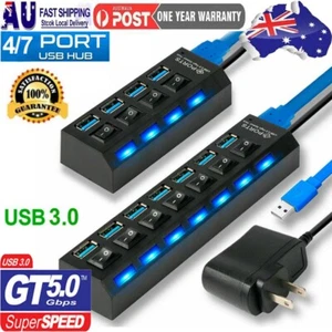 3.0 USB Hub 7 Port On/Off Switch High Speed Splitter AC Adapter Cable PC Laptop - Picture 1 of 18