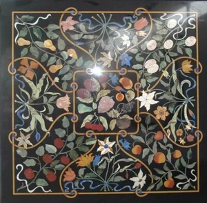 36"Square Black Marble End Coffee Table Semi Precious Floral Inlay Marquetry Art - Picture 1 of 8