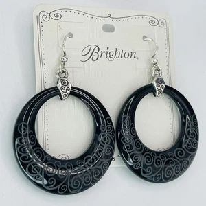 Brighton Lava Lounge Black Swirl Hoop Earrings Silver Tone Dangle Pierced Large - Picture 1 of 6