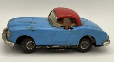 1954 Kaiser Darrin Japan Sports Car Battery Vintage Tin Toy Blue Red Top - Image 1 of 4