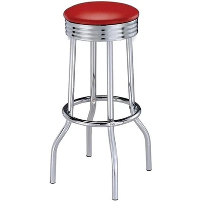 Taburete de bar Coaster Cleveland 30" redondo de imitación de cuero en rojo y cromo (juego de 2) Foto 1 de 3