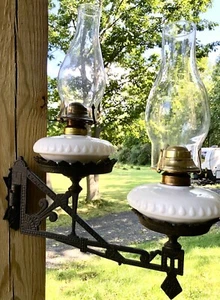 Antique Victorian Style Cast Iron Double Oil Lamp Wall Mount White Opal Glass - Picture 1 of 13