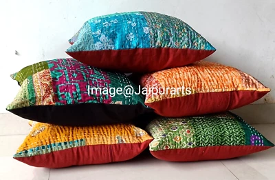 5 Pcs Square Patchwork Kantha Cushion Cover 18x18 Handmade Pillow Case Home Deco - Image 1 of 4