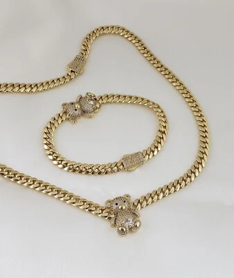 Juego de collar y pulsera gargantilla cubana oso circonita cúbica chapado en oro de 14K  Foto 1 de 3