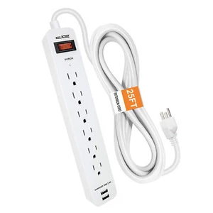 6 Outlet Surge Protector, 25 Ft, USB, White - Picture 1 of 4