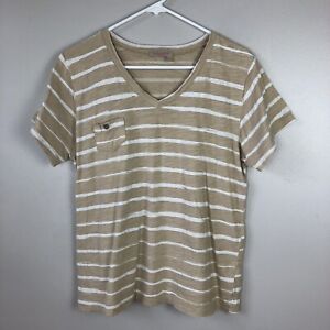 Fresh Produce T-Shirt Womens XL Short Sleeve V-Neck Pocket Stripe Cotton USA Tan