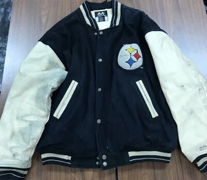 VINTAGE 90s Mirage Pittsburgh STEELERS L Wool Bomber Jacket Coat - Picture 1 of 12