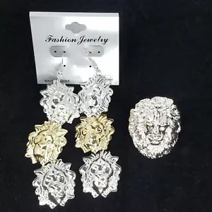 Lion Head Ring Adjustable Stretch Metal Band with Earrings Women Ladies Jewelry - Picture 1 of 8