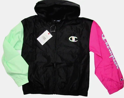 Chaqueta cortavientos con capucha CHAMPION gráfica negra/rosa/como nueva cremallera completa niñas grandes L Foto 1 de 4