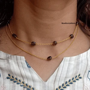 AAA Duble Strand Smokey Quartz Oval Beads 14k Gold Fill Chain Necklace Gifed - Picture 1 of 5