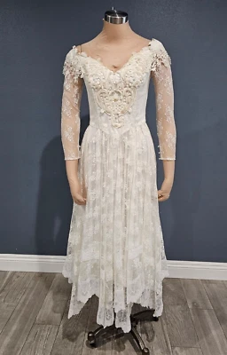 Vestido de novia vintage años 80 JESSICA McCLINTOCK marfil hombro descubierto encaje cuentas S Foto 1 de 4