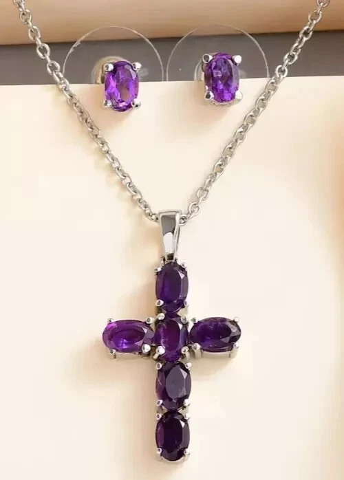 Conjunto de joyería cruzada de 3 quilates de amatista creada en laboratorio enchapado en oro blanco de 14 quilates para mujer Foto 1 de 4