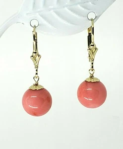 Pendientes colgantes colgantes de coral rosa rellenos de oro amarillo de 14k - Imagen 1 de 3