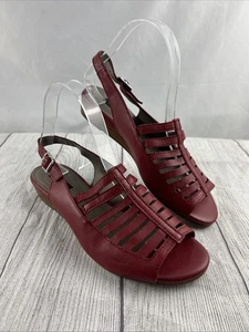 Array Strappy Sandals Womens 7.5M Red Leather 1" Wedge Heel Sling Back Casual - Picture 1 of 12
