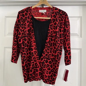 Maglione Cathy Daniel’s Button finto cadigan manica 3/4 rosso stampa animalier grande - Foto 1 di 13