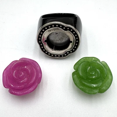 Anillo HSN Esterlina 925 Grueso Ónix Negro Intercambiable Rosa Tallada Piedra Talla 11 Foto 1 de 4