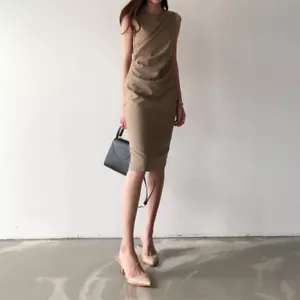 Lady Pencil Dress Formal Office Dresses Sleeveless Pleated Slim Fit Work Fashion - Picture 1 of 10