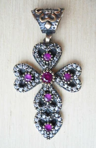 Ottoman Turkish Sterling Silver Gold Vermeil Ruby Diamond Crucifix Pendant - Picture 1 of 2
