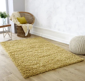 Yellow Plain Shaggy Fluffy Rugs & Hall Runner Easy care Hardwearing Long Pile - Picture 1 of 12