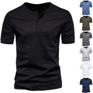 Mens Henley Grandad Solid T Shirts Summer Short Sleeve Casual Tee Shirt Tops - Picture 1 of 23