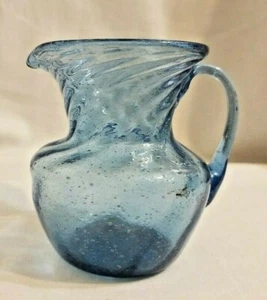 Hand Blown Blue Swirl Bubble Crackle Glass Pitcher w/ Applied Handle - Picture 1 of 8