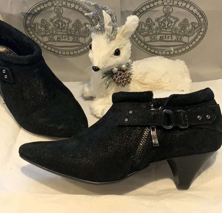ZIGI Niña Botines Negro Gamuza Brillante Cremallera Lateral Zapatos 2” Tacón Gatito Talla 7 Foto 1 de 4