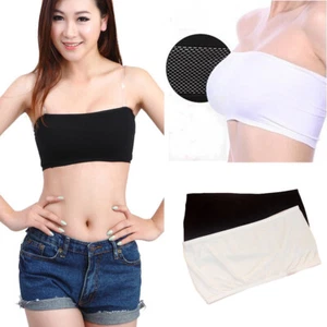 2 PCS Women Strapless Elastic Cotton Sports Vest Bra Black White Tops Bustier  - Picture 1 of 2