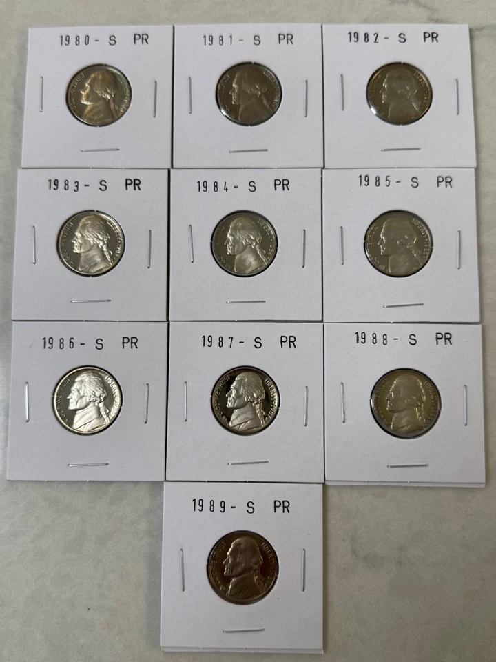 1980 to 1989 S Proof JEFFERSON NICKEL Set 10 Coin Set - Image 1 of 1