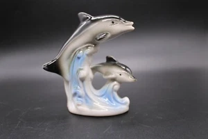 Mother and Baby Dolphins Swimming on Wave Figurine Approximately 4" Tall - Picture 1 of 7